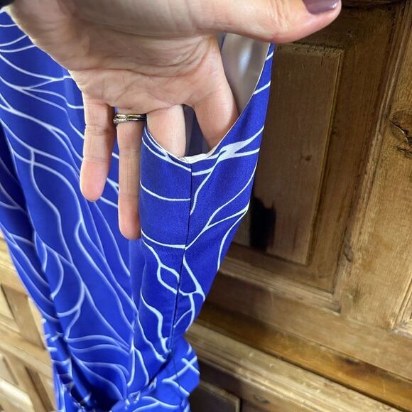 Susana Monaco 6 Royal‎ Blue White Dress Sleeveless Belted Tank Printed Sheath - Picture 4 of 10